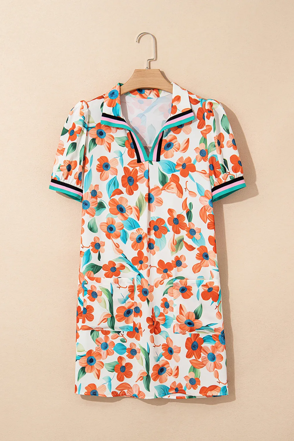 Contrast Trim Floral Split Neck Puff Short Sleeve Tiered Mini Dress sold by Beagle Boutique product image thumbnail 3