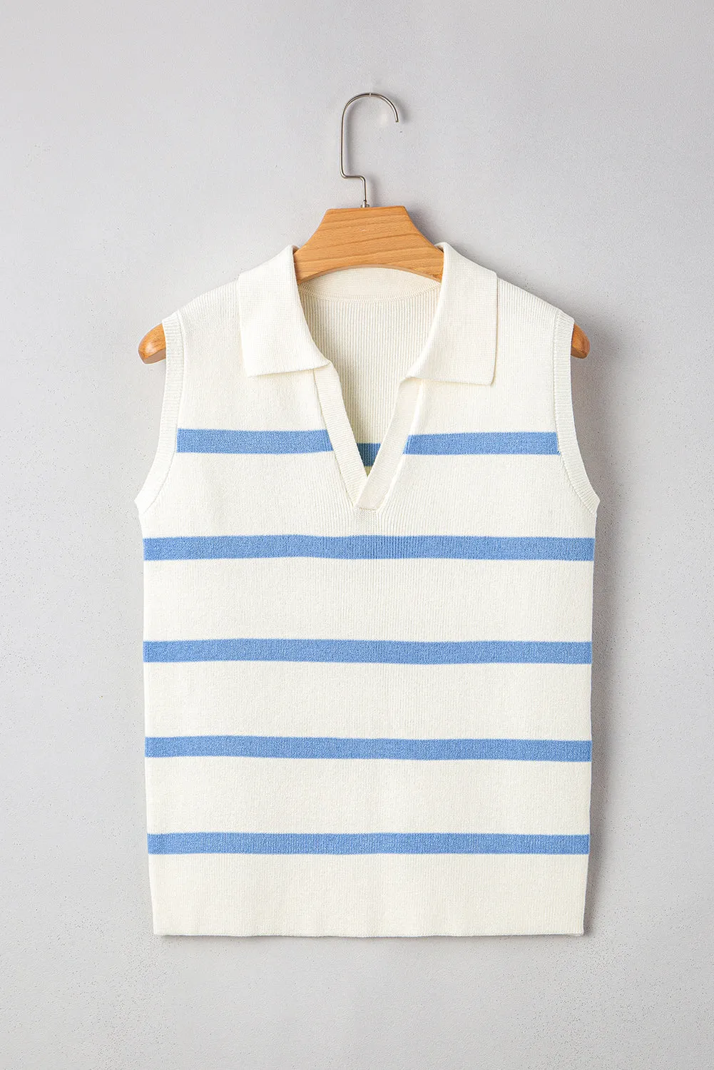 Blue Stripe Split V Neck Collared Ribbed Sleeveless Sweater sold by Beagle Boutique product image thumbnail 4