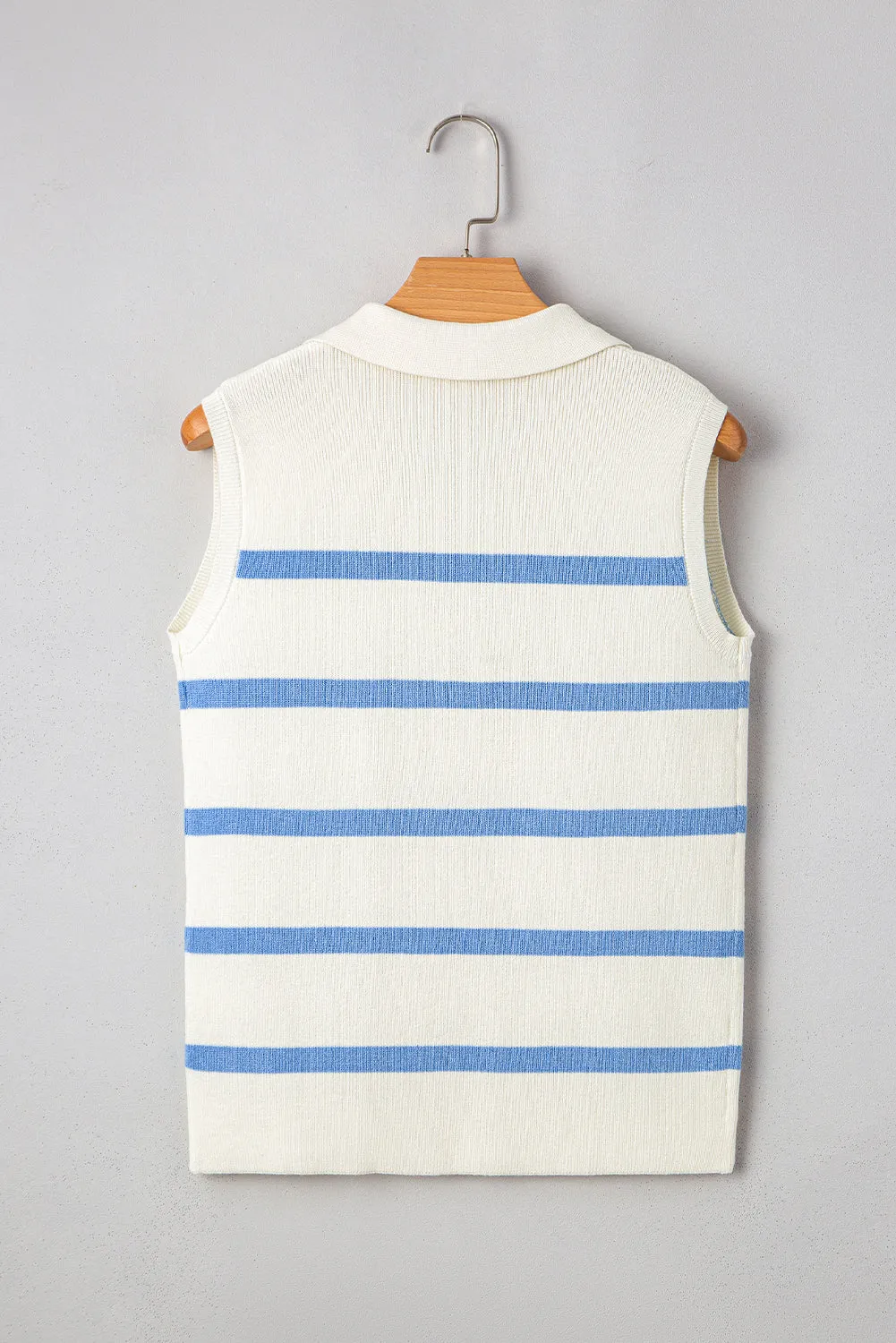 Blue Stripe Split V Neck Collared Ribbed Sleeveless Sweater sold by Beagle Boutique product image thumbnail 5
