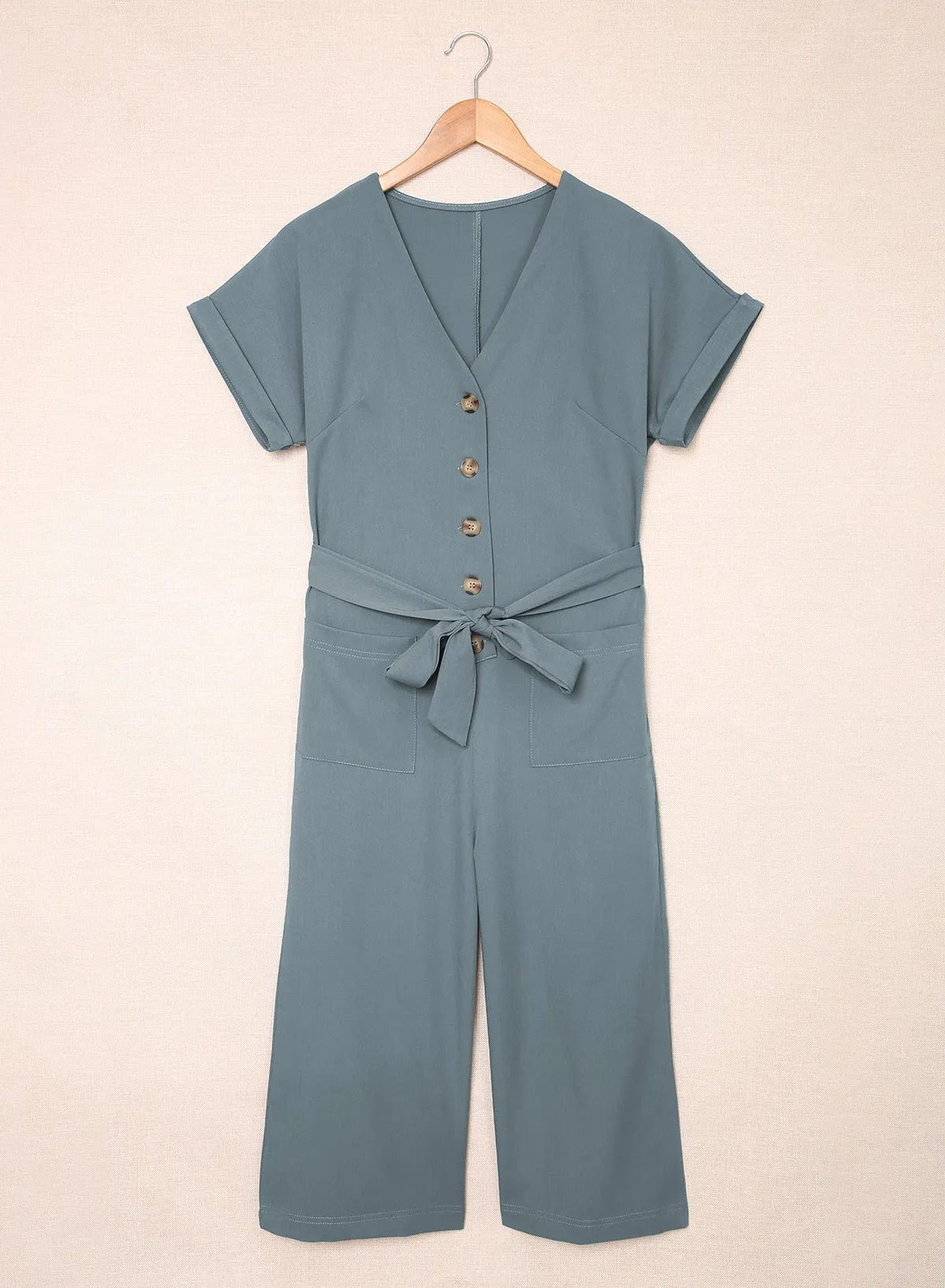 Blue Dolman Button Belted V Neck Wide Leg Jumpsuit Pockets sold by Beagle Boutique product image thumbnail 4