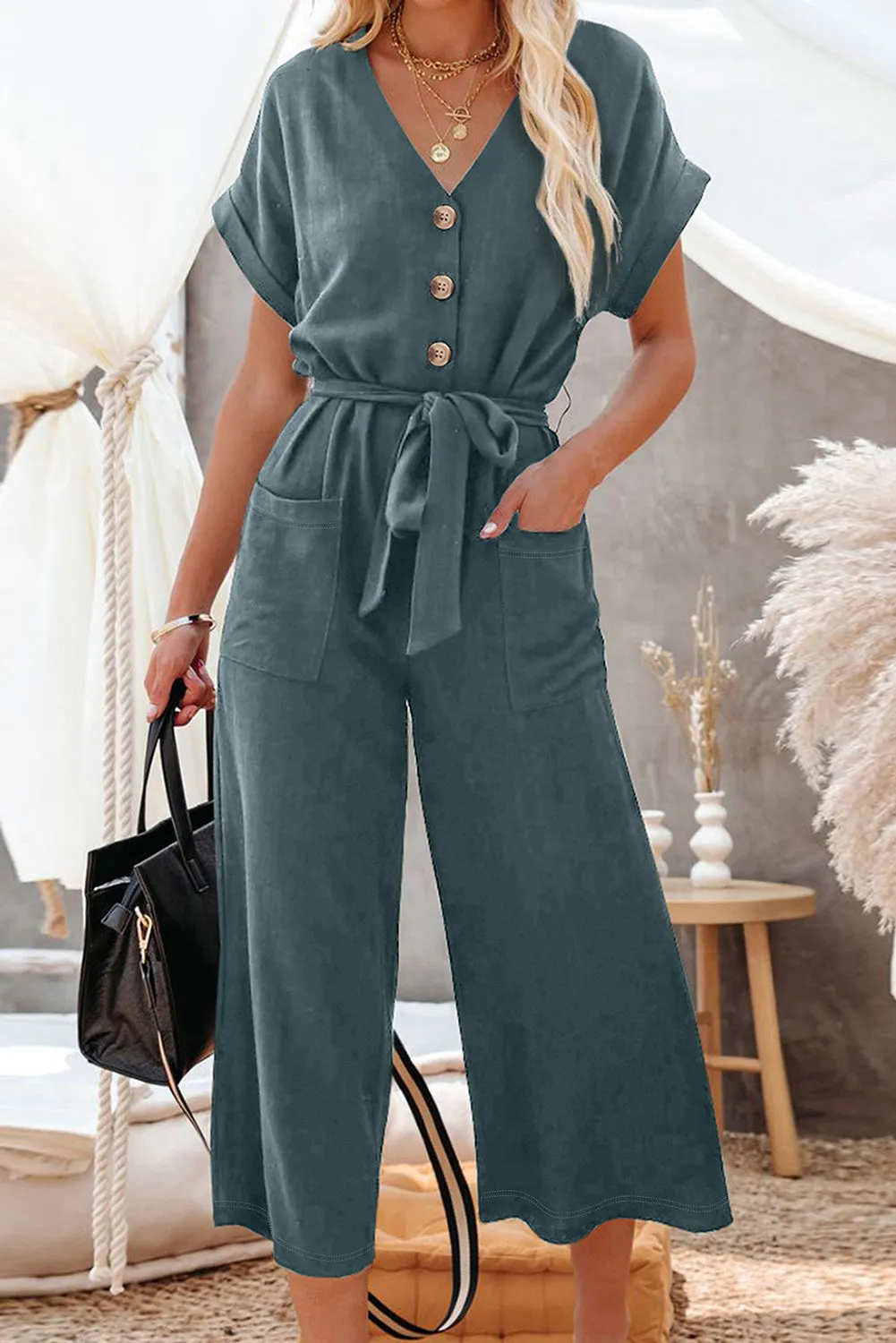 Blue Dolman Button Belted V Neck Wide Leg Jumpsuit Pockets sold by Beagle Boutique