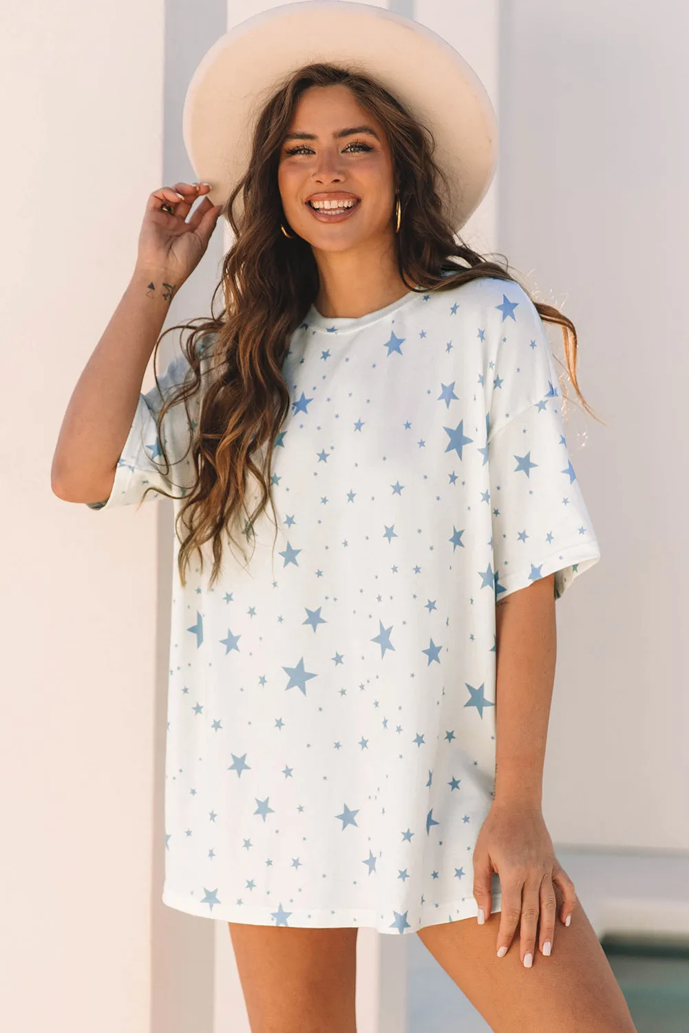 Blue Stars Print Drop Shoulder Oversized T Shirt with Slits sold by Beagle Boutique