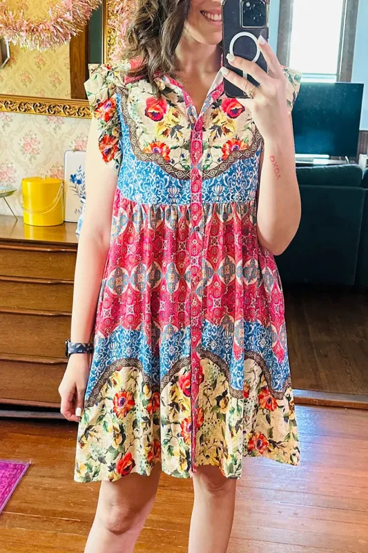 Rose Floral Mixed Pattern Ruffle Flutter Sleeve Buttoned Dress sold by Beagle Boutique