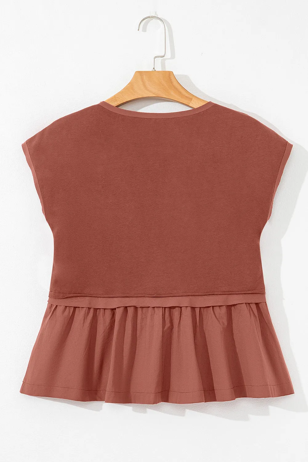 Chestnut Short Sleeve U Neck Buttons Splicing Ruffle Blouse sold by Beagle Boutique product image thumbnail 5