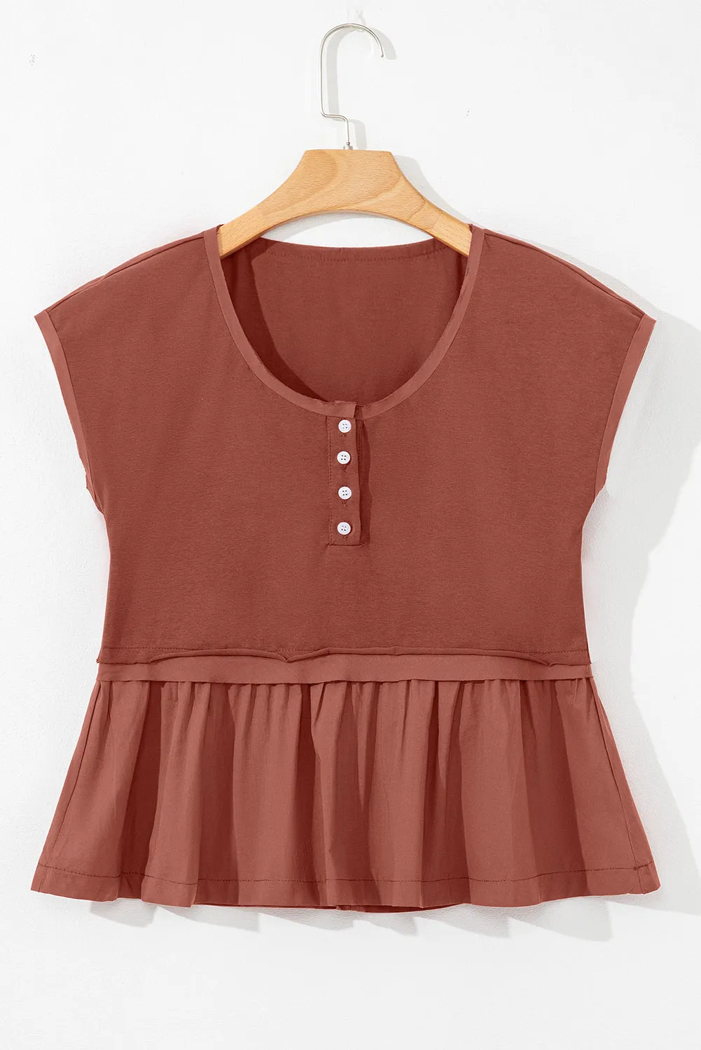 Chestnut Short Sleeve U Neck Buttons Splicing Ruffle Blouse sold by Beagle Boutique product image thumbnail 4