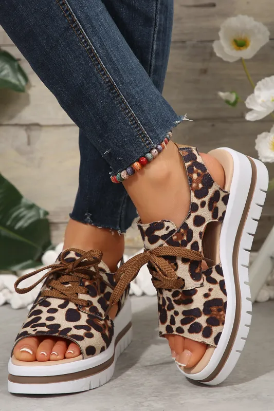 Parchment Leopard Print Hollow Out Lace-up Wedge Sandals sold by Beagle Boutique