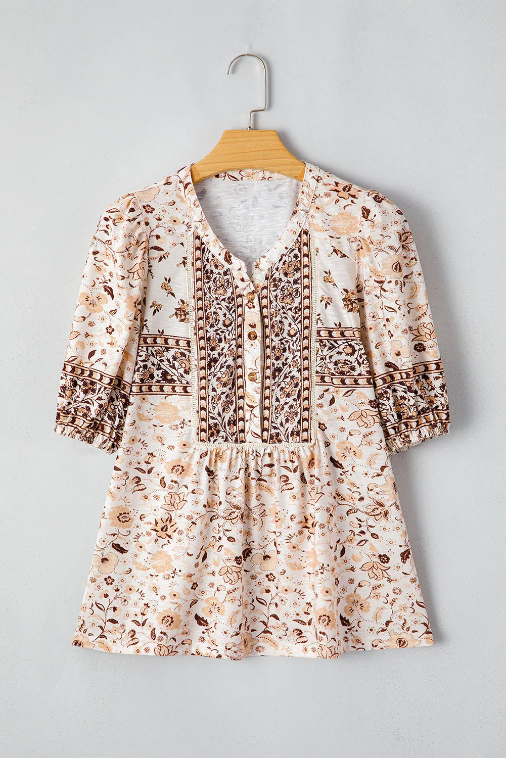 Boho Floral Print Half Placket Short Sleeve Loose Blouse sold by Beagle Boutique product image thumbnail 4