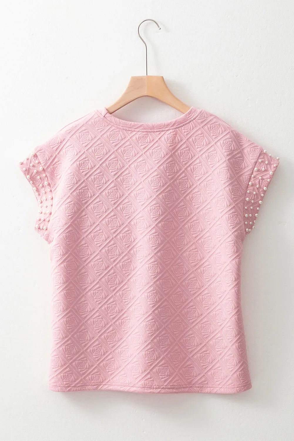 Light Pink Pearl Embellished Flower Textured T Shirt sold by Beagle Boutique product image thumbnail 4