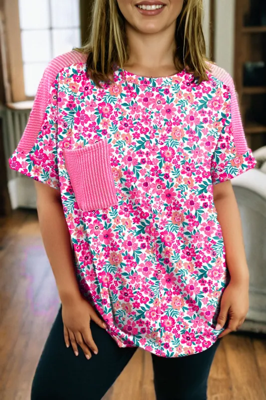 Pink Plus Size Floral Print Ribbed Patchwork Loose Top made by Beagle Boutique