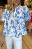 Sky Blue Floral Tiered Puff Short Sleeve Pleated Bust Buttoned Casual Shirt sold by Beagle Boutique