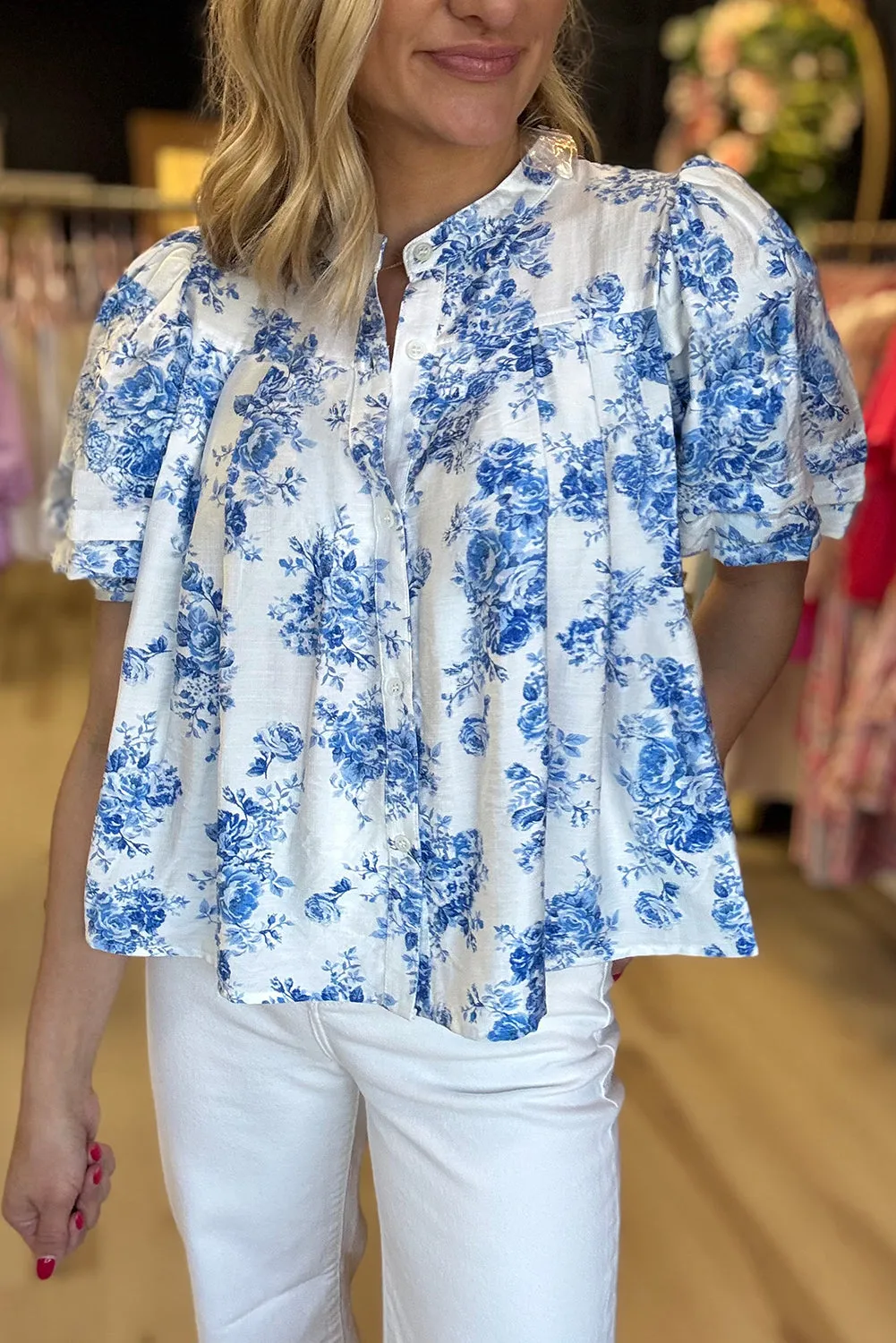 Sky Blue Floral Tiered Puff Short Sleeve Pleated Bust Buttoned Casual Shirt sold by Beagle Boutique product image thumbnail 3