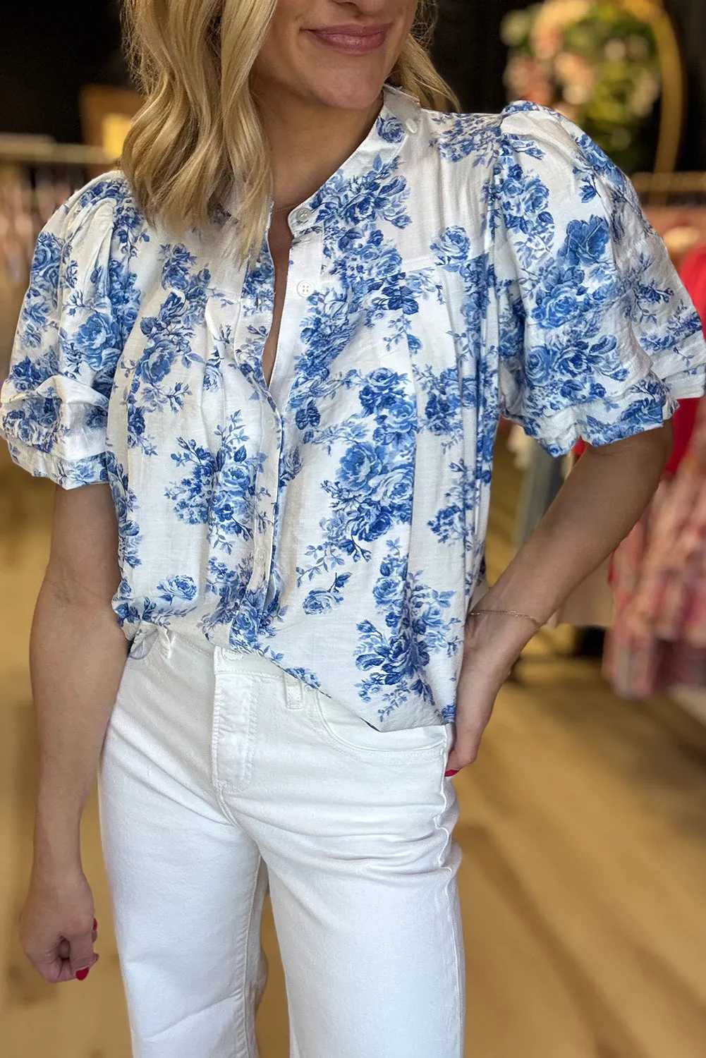 Sky Blue Floral Tiered Puff Short Sleeve Pleated Bust Buttoned Casual Shirt sold by Beagle Boutique product image thumbnail 2