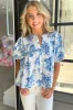 Sky Blue Floral Tiered Puff Short Sleeve Pleated Bust Buttoned Casual Shirt sold by Beagle Boutique