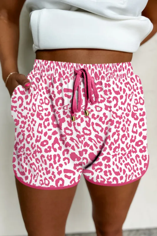 Pink Leopard Elastic Waist Lace up Contrast Trim Casual Shorts sold by Beagle Boutique