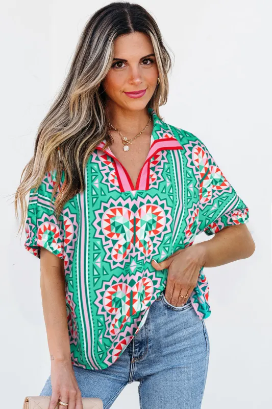 Green Boho Abstract Print Contrast Striped Collared V Neck Blouse sold by Beagle Boutique