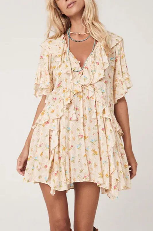 Apricot Boho Floral Tassel Tie V Neck Ruffle Wide Sleeve Mini Dress sold by Beagle Boutique