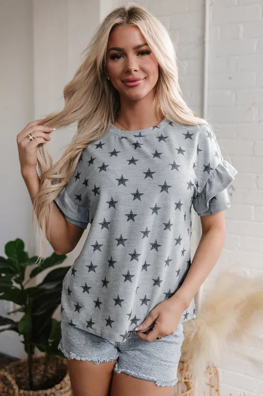 Grey Star Print Ruffled Sleeve T Shirt sold by Beagle Boutique