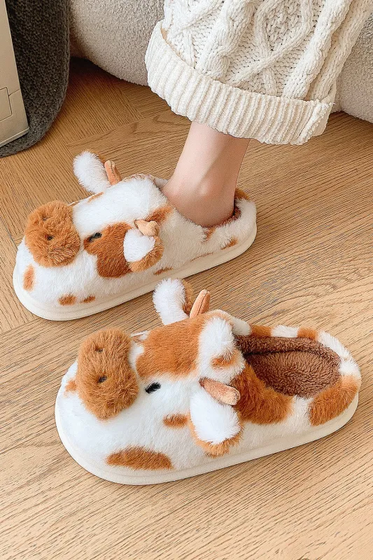 Coffee Plush Cartoon Cow Thermal Home Slippers sold by Beagle Boutique