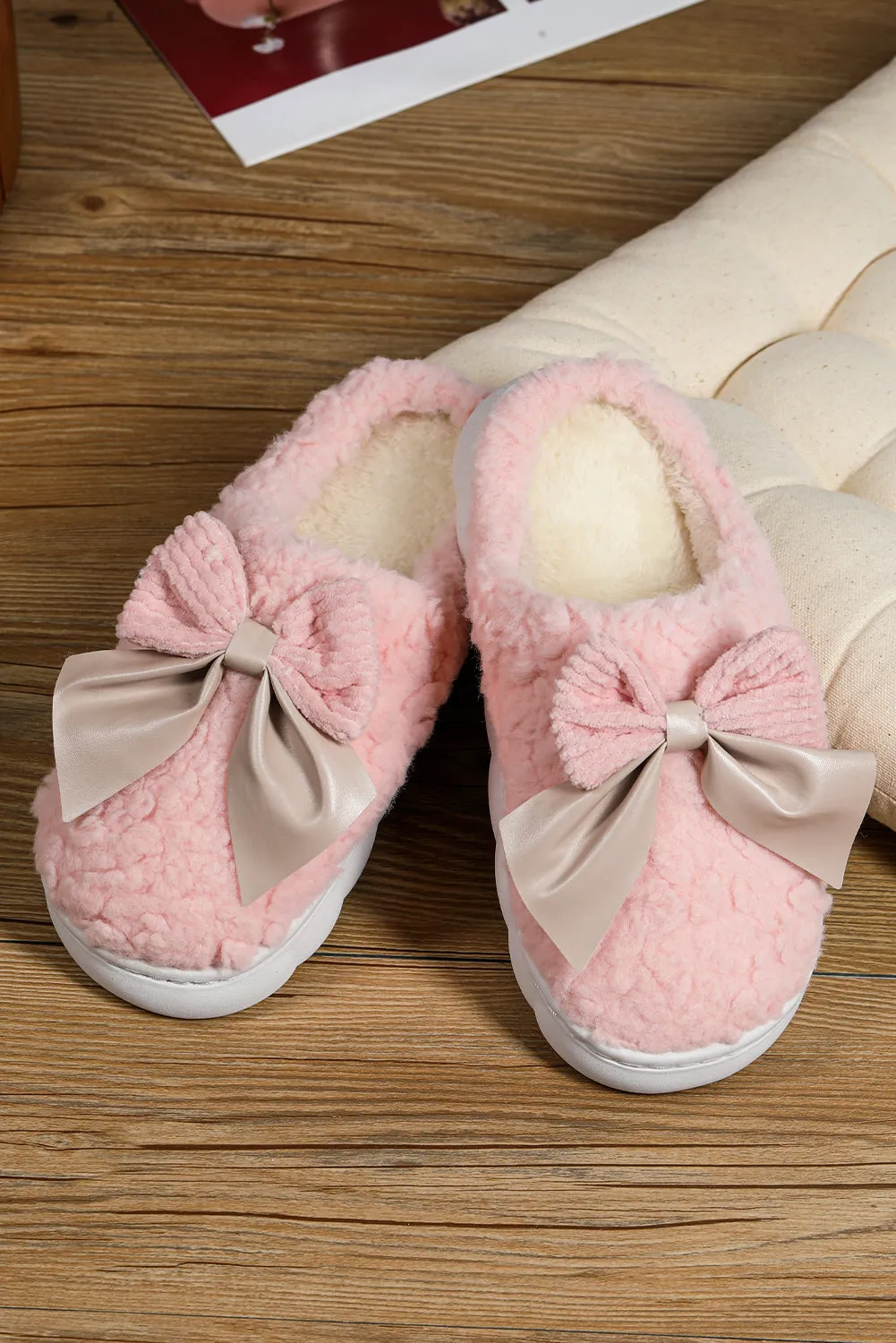 Camel Contrast Bowknot Applique Plush Winter Slippers sold by Beagle Boutique product image thumbnail 3