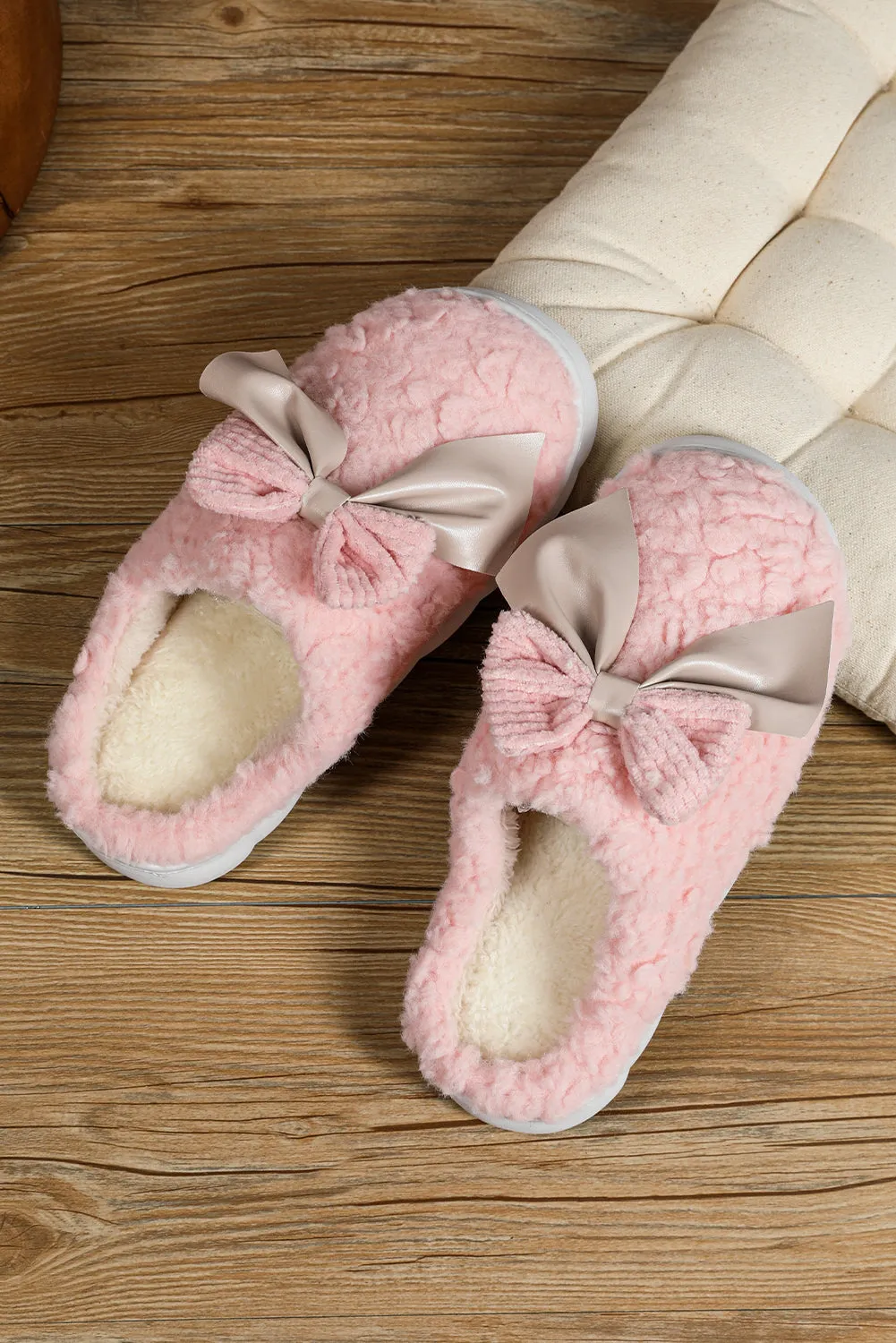 Camel Contrast Bowknot Applique Plush Winter Slippers sold by Beagle Boutique product image thumbnail 4