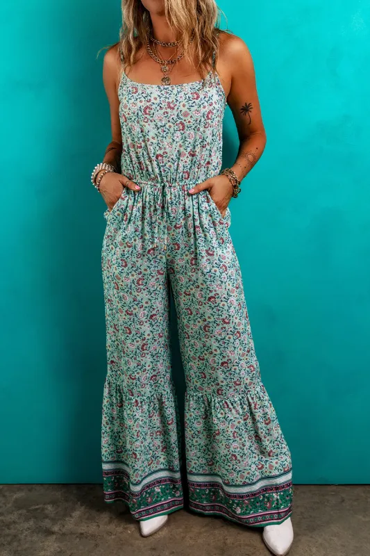 Bohemian Floral Ruffle Bottom Spaghetti Strap Jumpsuit sold by Beagle Boutique