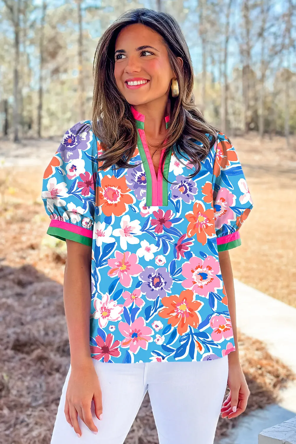 Sky Blue Floral Colorblock Edge Puff Sleeve Split Neck Blouse sold by Beagle Boutique product image thumbnail 2