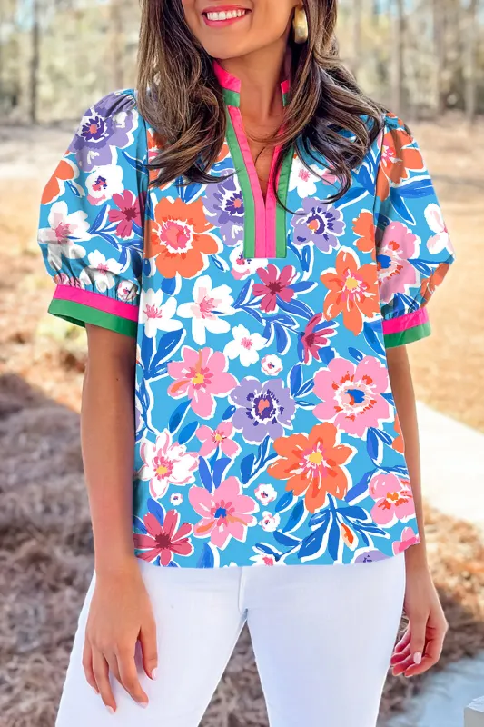 Sky Blue Floral Colorblock Edge Puff Sleeve Split Neck Blouse sold by Beagle Boutique