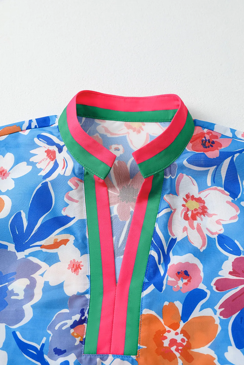Sky Blue Floral Colorblock Edge Puff Sleeve Split Neck Blouse sold by Beagle Boutique product image thumbnail 5