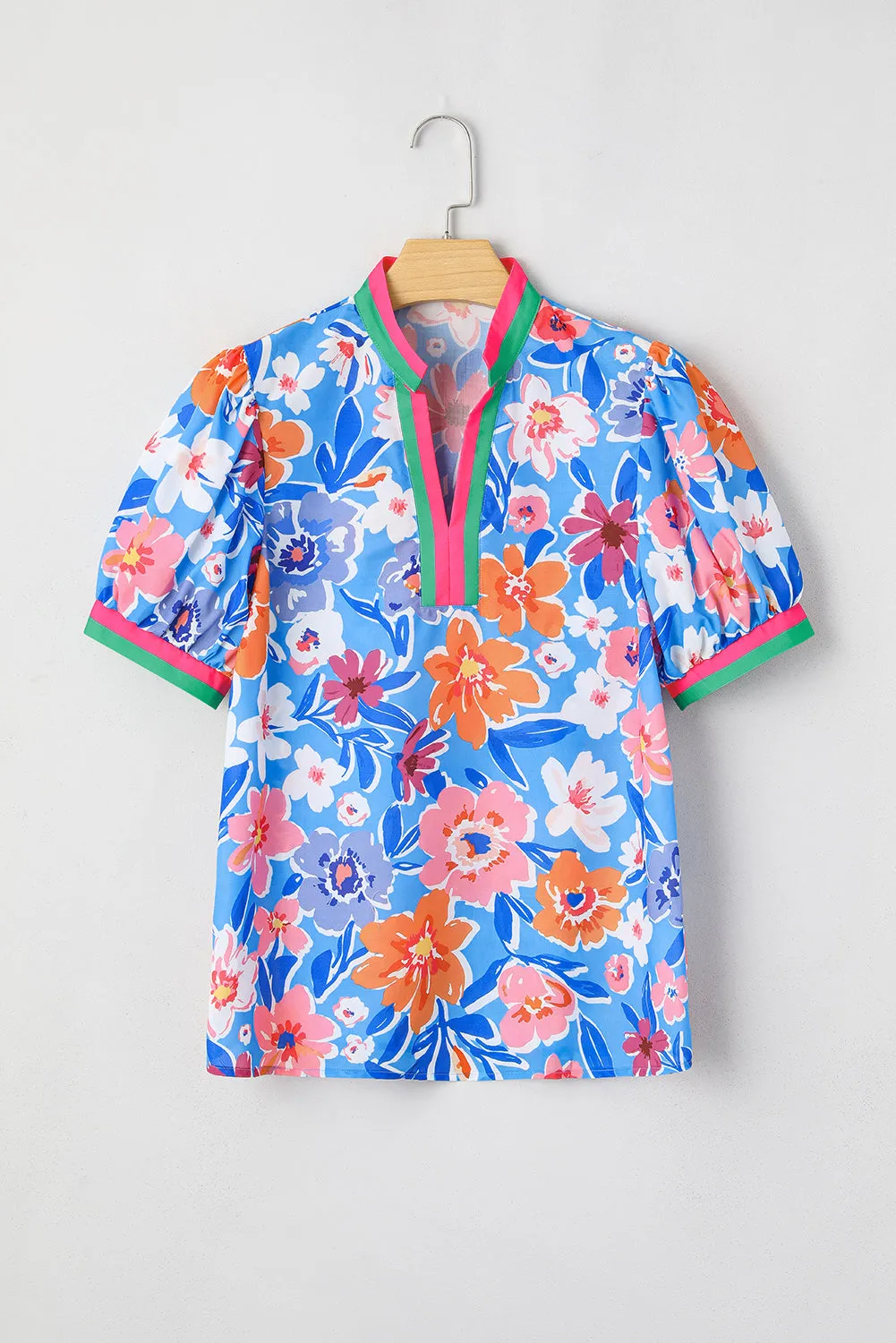 Sky Blue Floral Colorblock Edge Puff Sleeve Split Neck Blouse sold by Beagle Boutique product image thumbnail 3