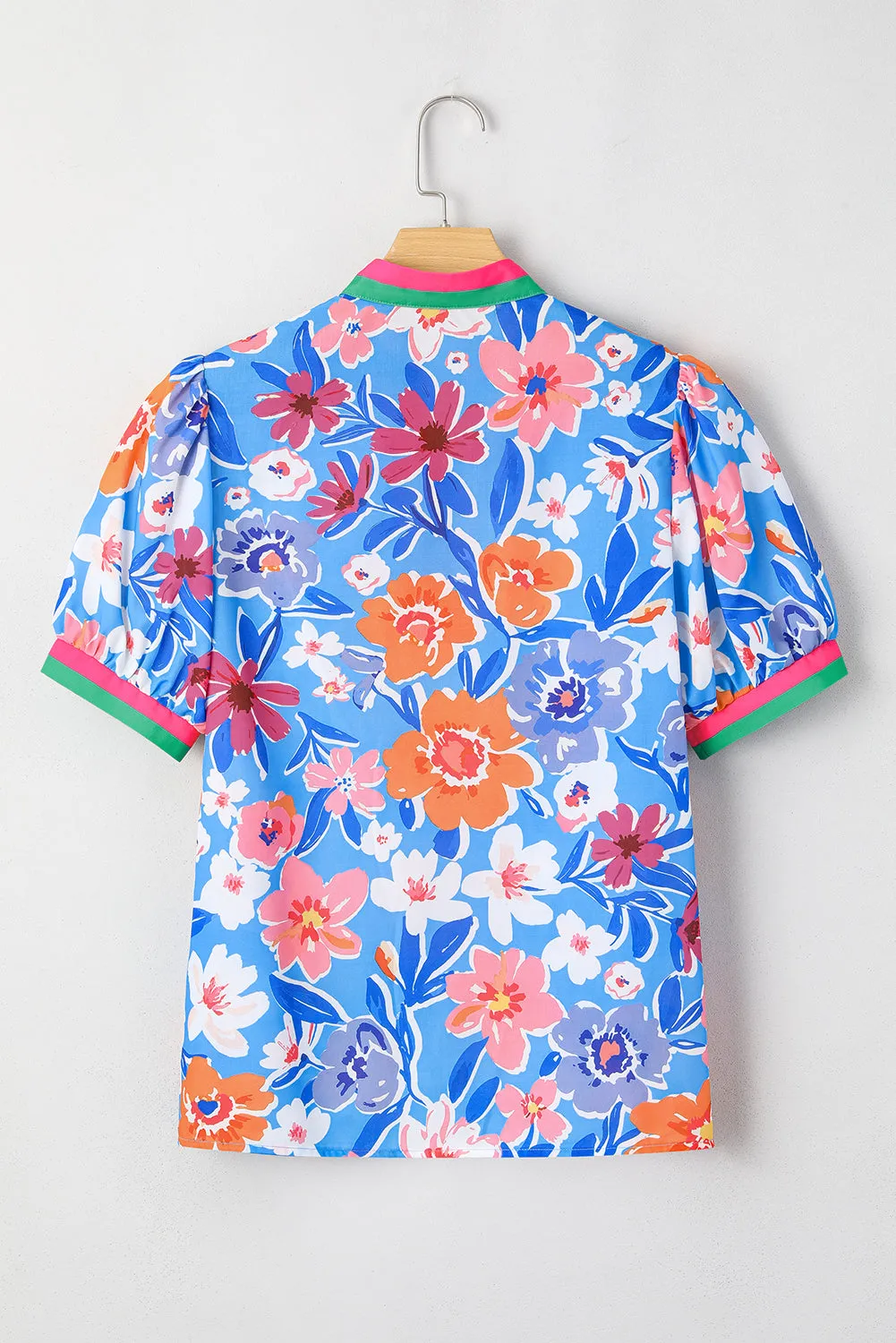 Sky Blue Floral Colorblock Edge Puff Sleeve Split Neck Blouse sold by Beagle Boutique product image thumbnail 4