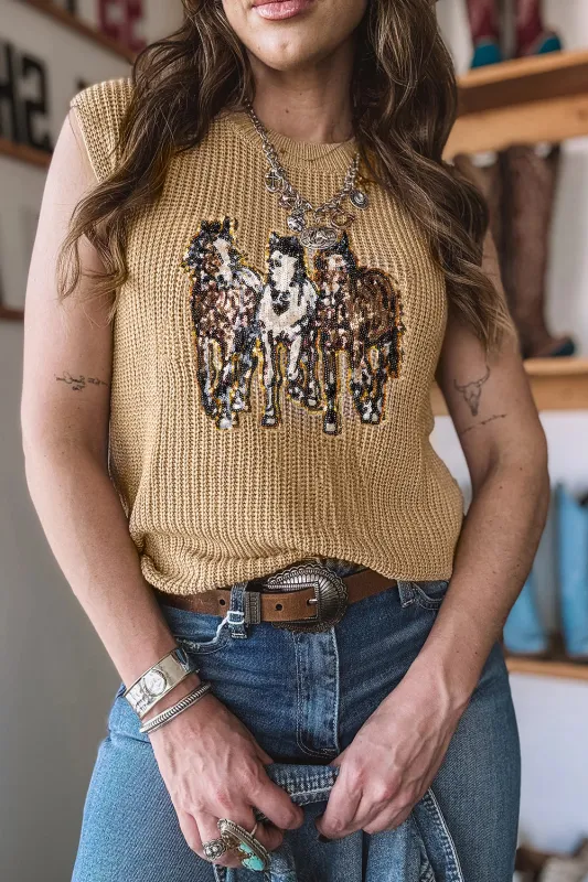 Parchment Sequin Horse Graphic Lightweight Knit Top sold by Beagle Boutique