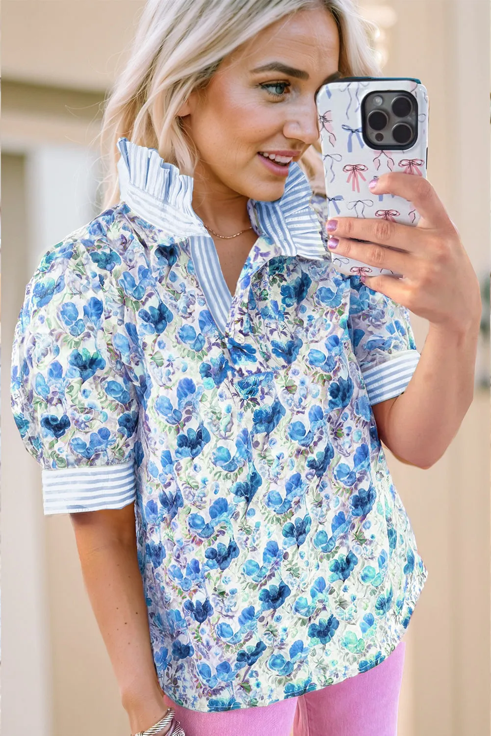 Blue Floral Print Striped Patchwork Collared Short Sleeve Blouse sold by Beagle Boutique product image thumbnail 2