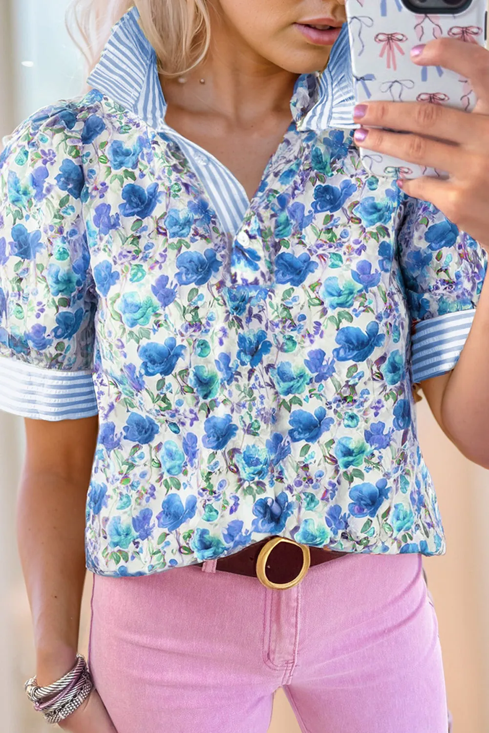 Blue Floral Print Striped Patchwork Collared Short Sleeve Blouse sold by Beagle Boutique