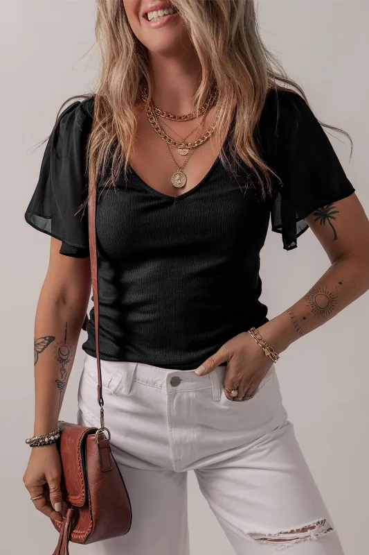 Black Mesh Ruffled Sleeve Slim Fit V Neck Top sold by Beagle Boutique