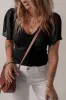 Black Mesh Ruffled Sleeve Slim Fit V Neck Top sold by Beagle Boutique