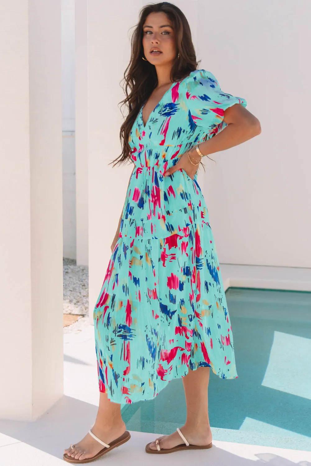 Abstract Print Short Puff Sleeve Tiered Maxi Dress sold by Beagle Boutique product image thumbnail 3