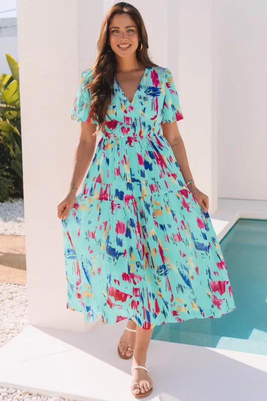 Abstract Print Short Puff Sleeve Tiered Maxi Dress sold by Beagle Boutique
