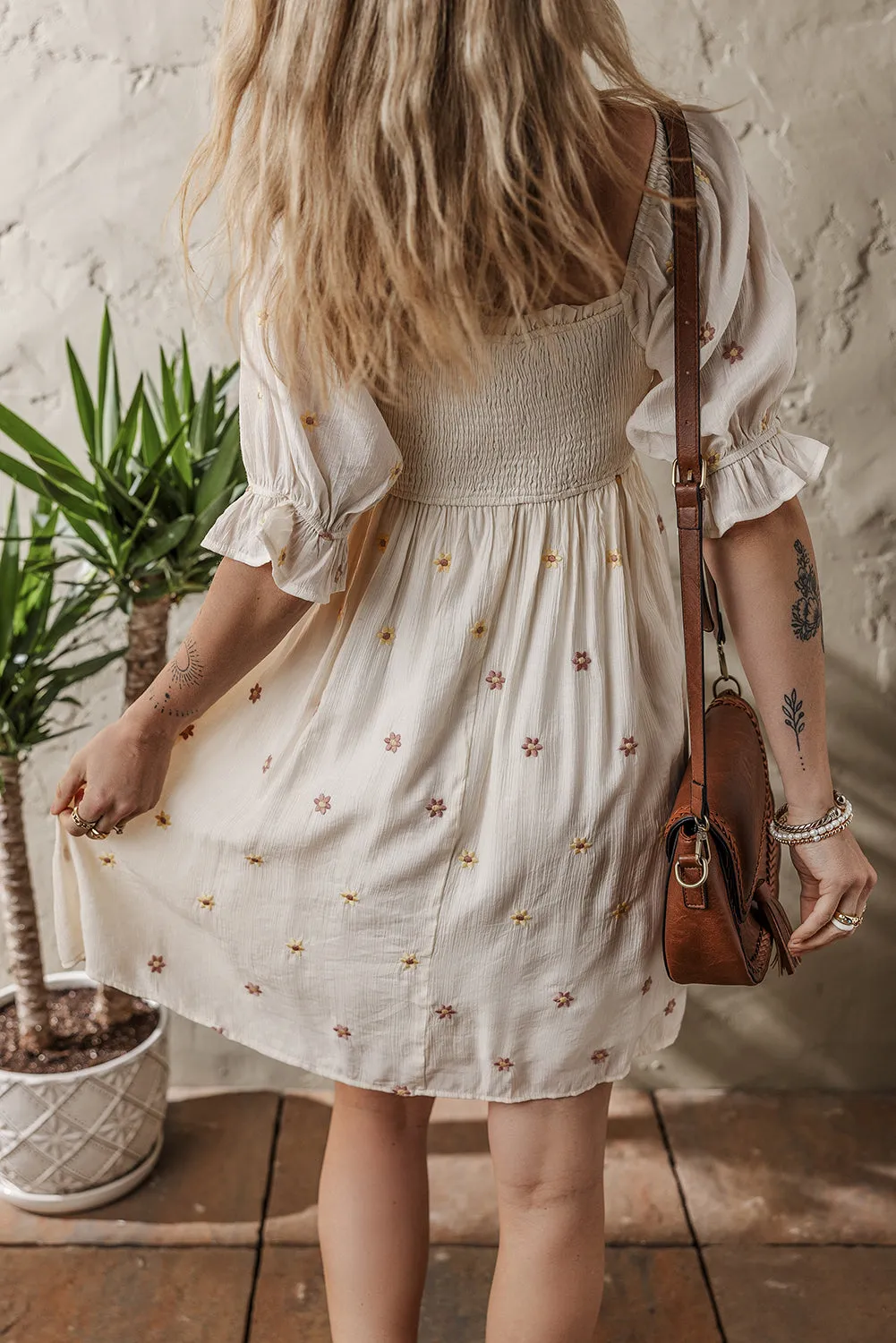 Beige Embroidered Flower Puff Sleeve Textured Flowy Dress sold by Beagle Boutique product image thumbnail 2