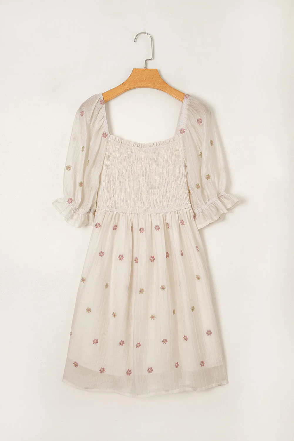 Beige Embroidered Flower Puff Sleeve Textured Flowy Dress sold by Beagle Boutique product image thumbnail 5