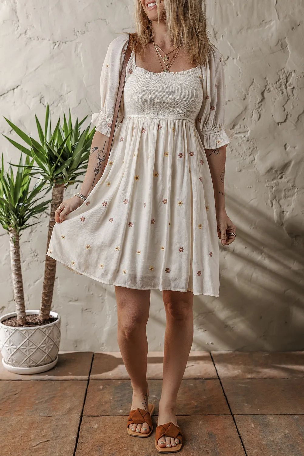 Beige Embroidered Flower Puff Sleeve Textured Flowy Dress sold by Beagle Boutique product image thumbnail 4