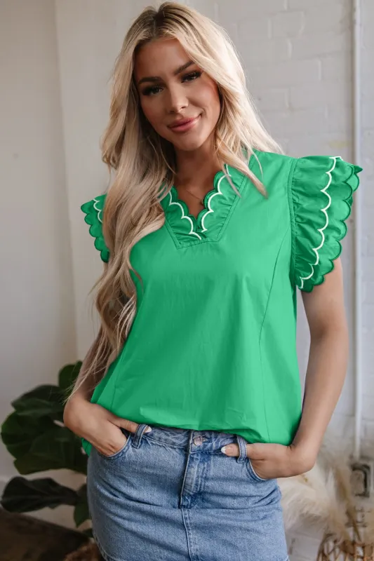Bright Green Contrast Scallop Trim Short Sleeve V Neck Top sold by Beagle Boutique