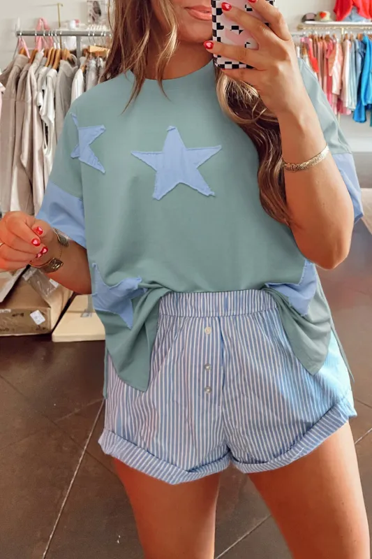Green Frayed Star Patched Oversize T Shirt sold by Beagle Boutique