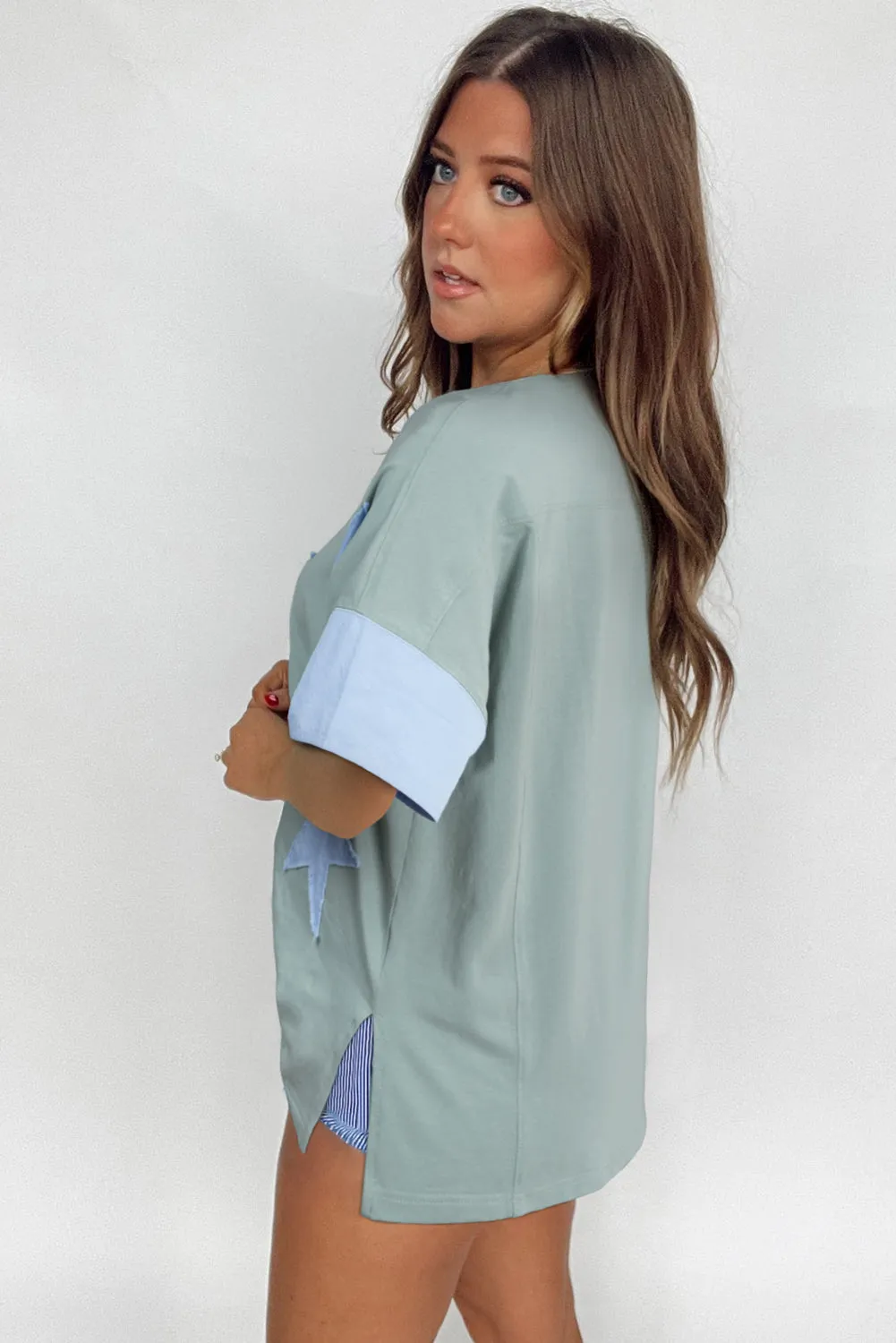 Green Frayed Star Patched Oversize T Shirt sold by Beagle Boutique product image thumbnail 2