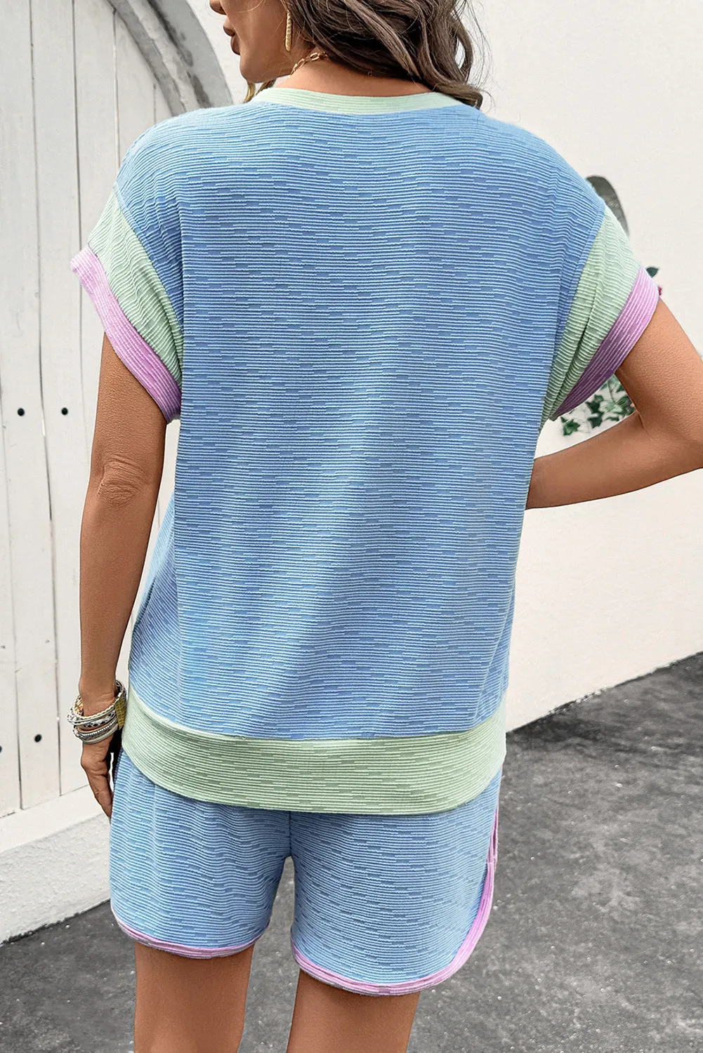 Beau Blue Ribbed Contrast Trim Round Neck Cap Sleeve 2pcs Short Co-ord Set sold by Beagle Boutique product image thumbnail 2