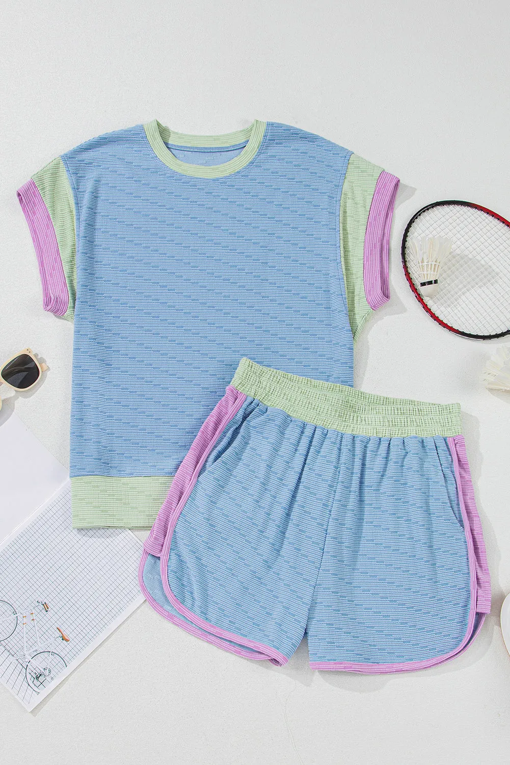 Beau Blue Ribbed Contrast Trim Round Neck Cap Sleeve 2pcs Short Co-ord Set sold by Beagle Boutique product image thumbnail 4