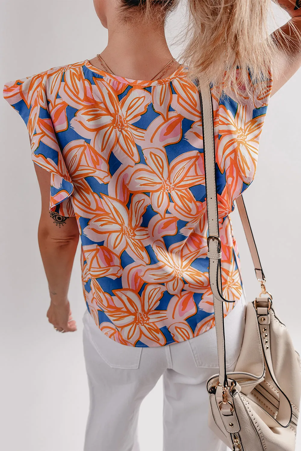 Orange Summer Flower Print Notched Neck Ruffle Sleeve Blouse sold by Beagle Boutique product image thumbnail 2