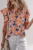 Orange Summer Flower Print Notched Neck Ruffle Sleeve Blouse sold by Beagle Boutique
