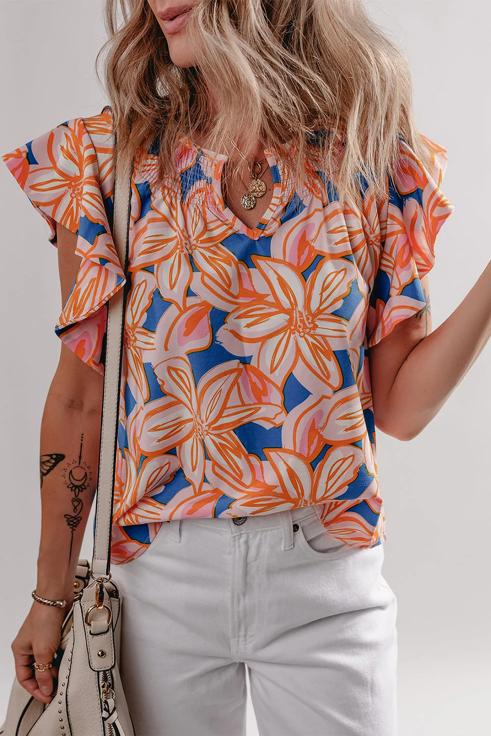 Orange Summer Flower Print Notched Neck Ruffle Sleeve Blouse sold by Beagle Boutique product image thumbnail 4