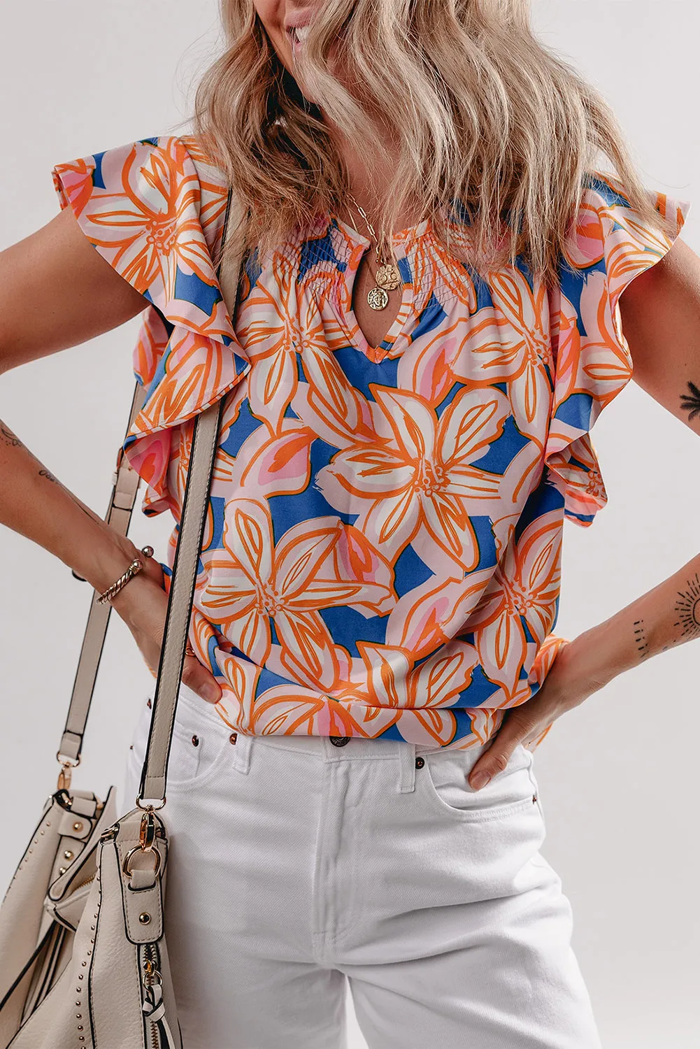 Orange Summer Flower Print Notched Neck Ruffle Sleeve Blouse sold by Beagle Boutique product image thumbnail 5