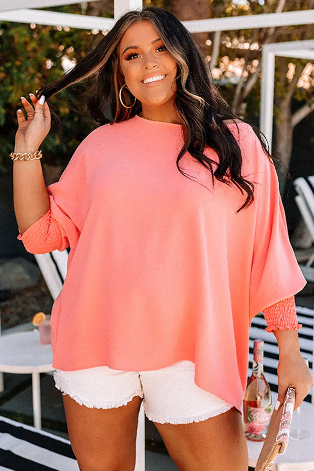 Blossom Shirred Cuffs 3/4 Sleeve Plus Size Textured Blouse sold by Beagle Boutique product image thumbnail 4
